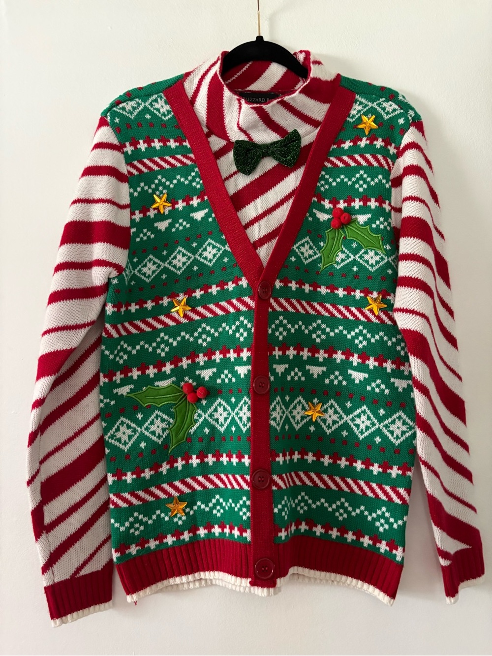 Women's Green & Red Holiday Cardigan Sweater with Striped Sleeves ugly Christmas